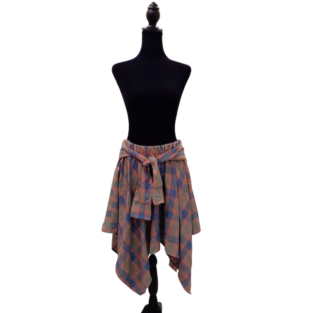 Orange,blue,and green Flannel Asymmetrical Hankerchief skirt with elastic waist.